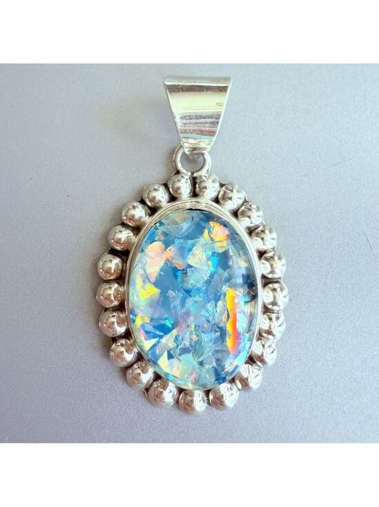 Jewelry - Mexico Opal Mosaic Triplet Sterling Silver Ball Beaded Large Pendant Nec…